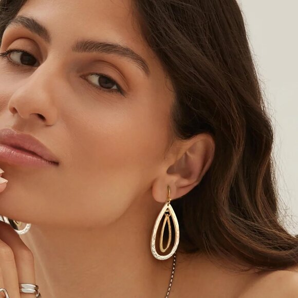 Gold and Silver Two Toned hammered teardrop Dangle Trendy Earrings for Women - Picture 3 of 6